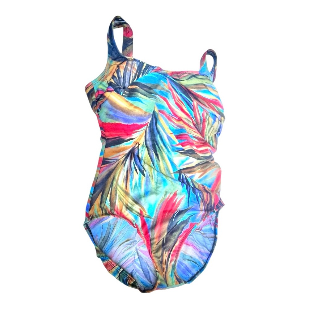 Longitude women’s multicolor one piece swimsuit ruched left side slimming sz 14.